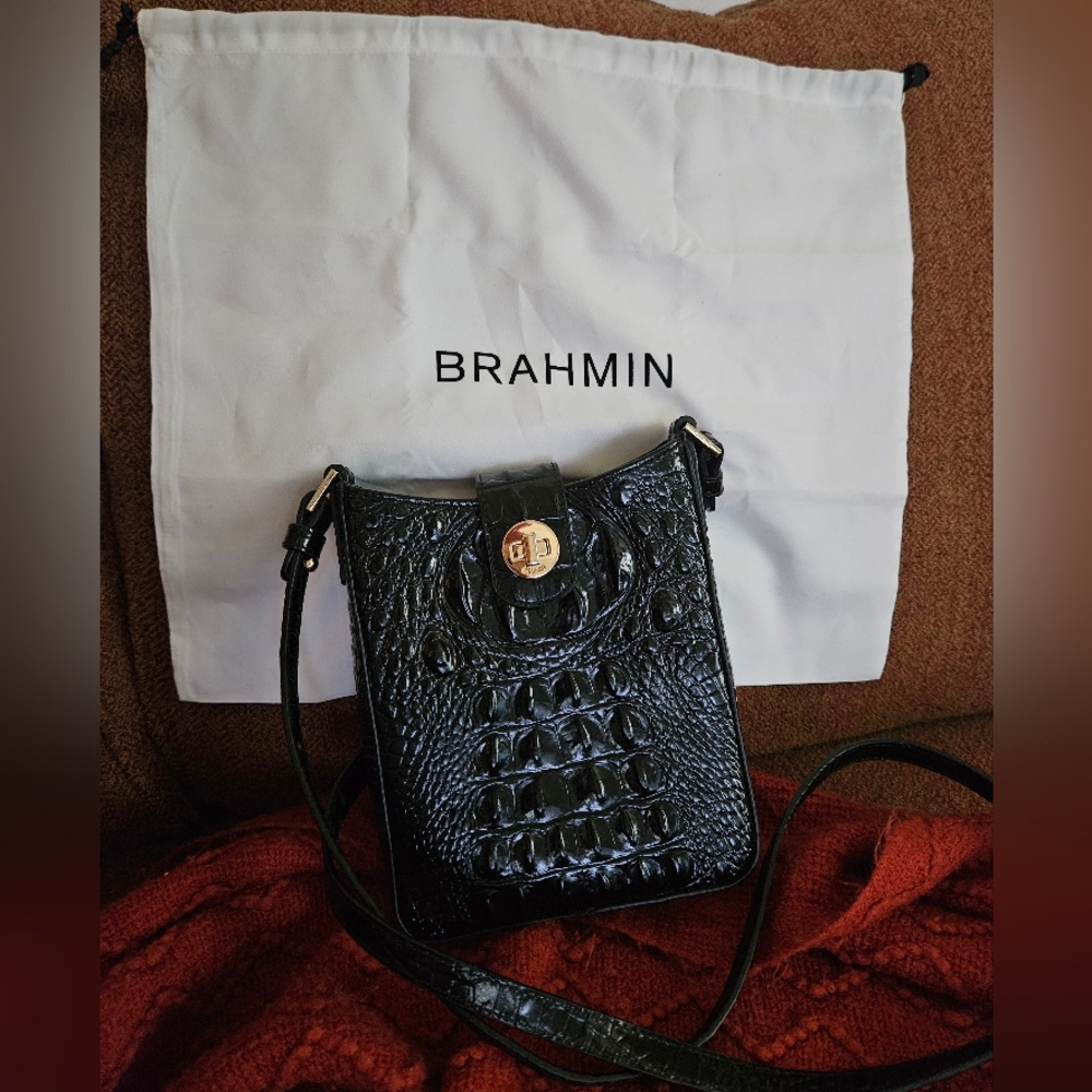 Brahmin Glossy Black Croc-Embossed Crossbody Bag